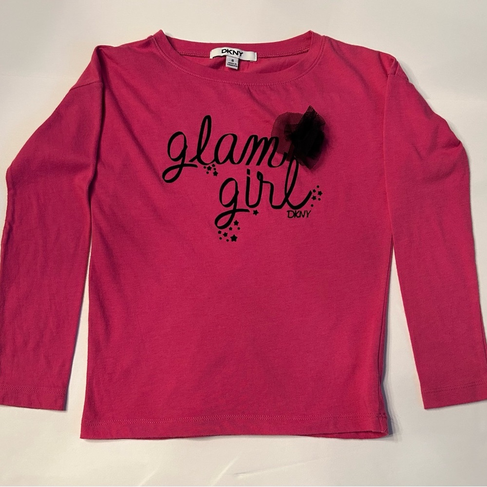 DKNY Girls Size 6 Hot Pink with Black Graphic Long Sleeve Top